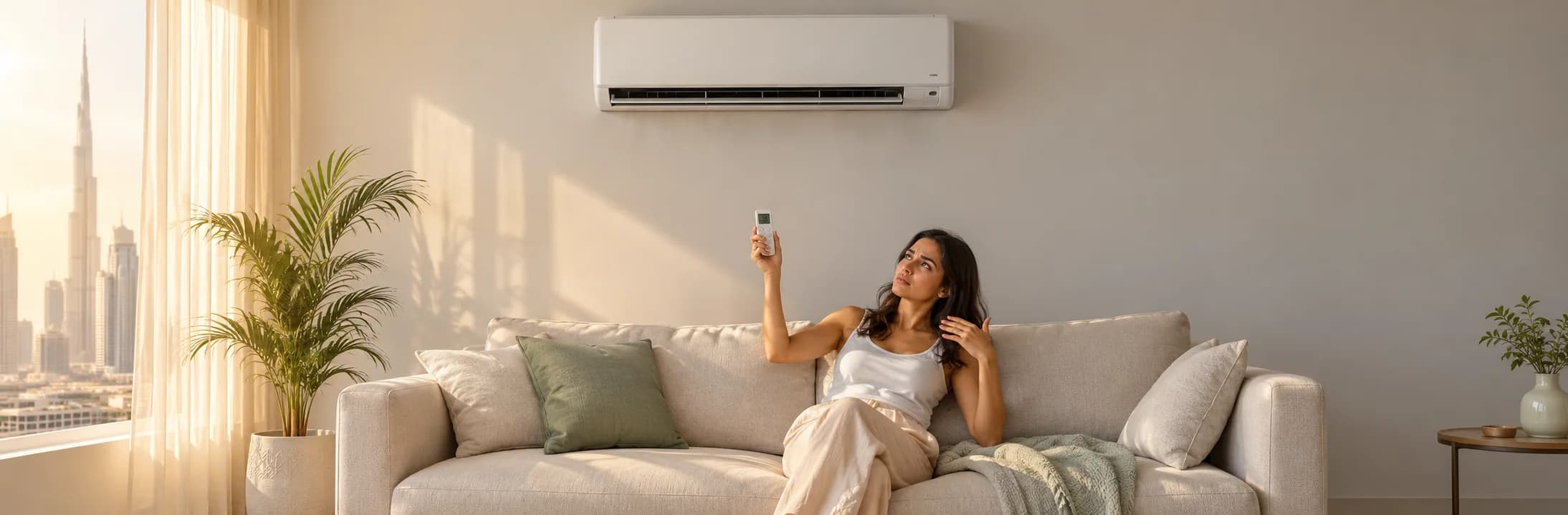 Woman pointing an AC remote at a wall-mounted split air conditioner in a warm Dubai apartment because it is not cooling