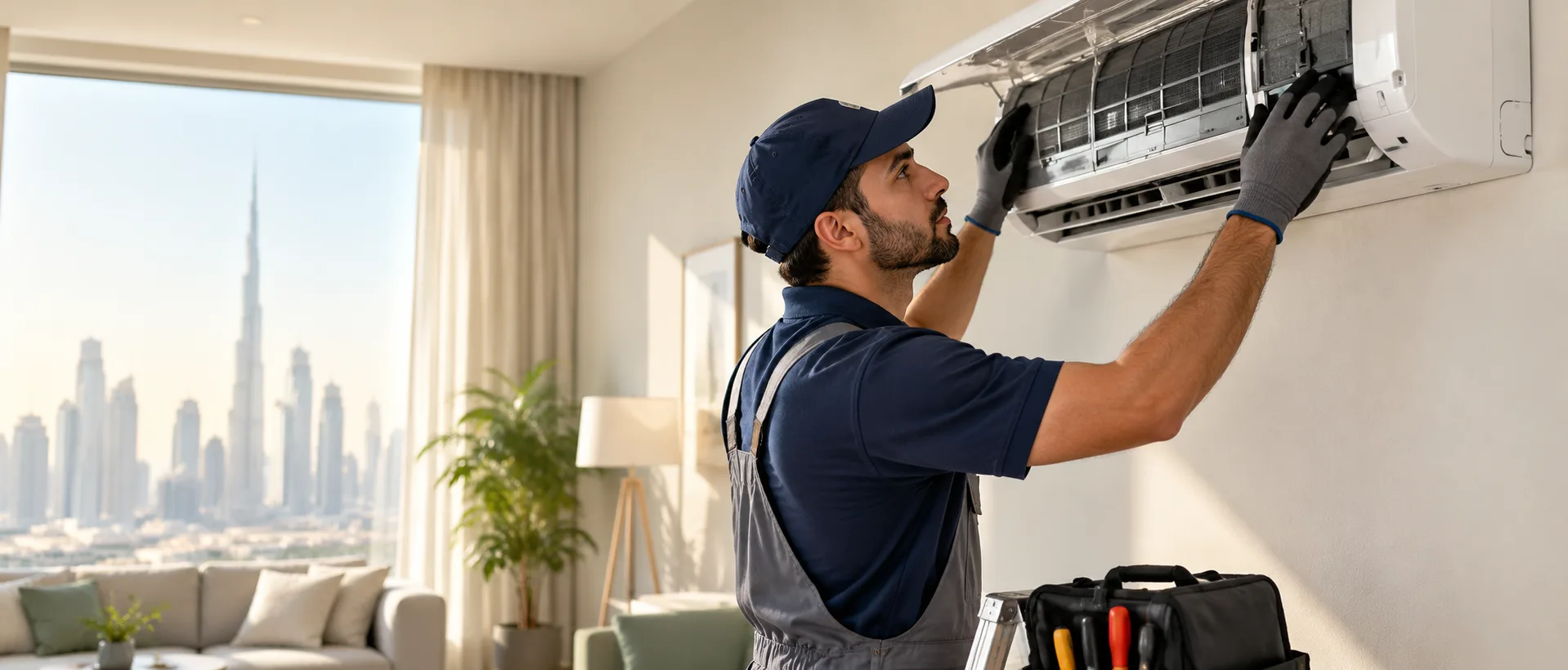 AC technician opening a wall-mounted split unit to inspect the filter and evaporator coil in a Dubai apartment